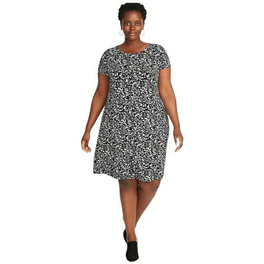 Old Navy Ditsy Floral Stretchy Jersey Knit Flowy Swing Mini Dress XL Black White